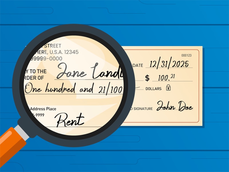 Personal check showing the check amount written out in words and magnified.