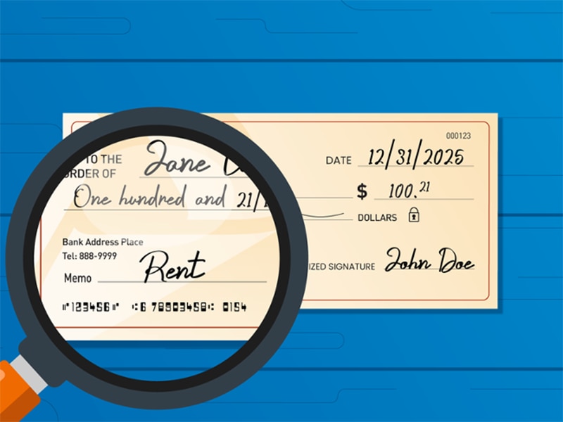 Personal check with the memo line magnified.