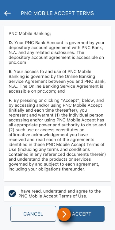 Image of the terms and conditions for PNC Mobile Accept in the PNC Mobile App