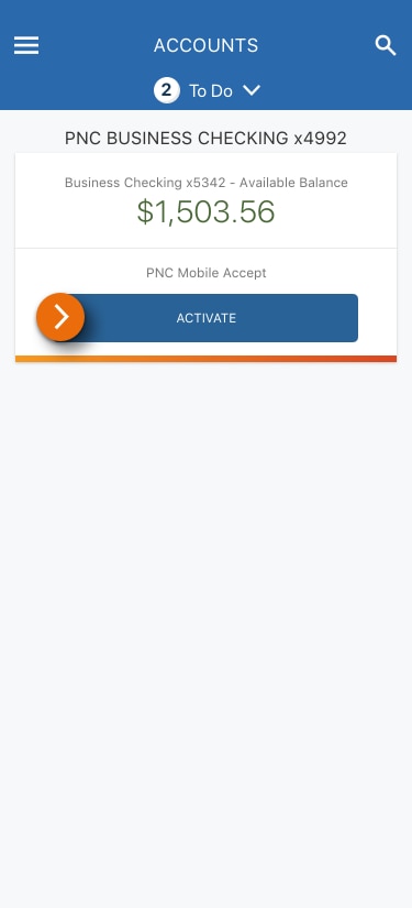 Image of the Business Checking main account view in the PNC Mobile App for customers eligible for Mobile Accept