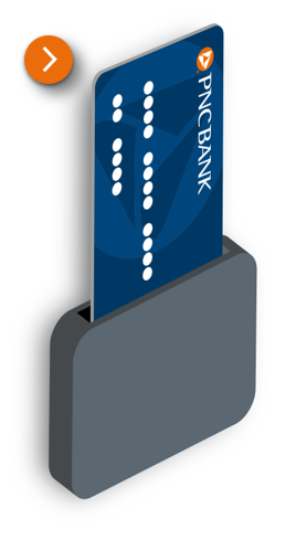 Image of the processing screen in the PNC Mobile App that appears once the card is dipped or swiped and an image of a card being dipped in a card reader​