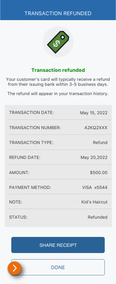 Image of the Transaction Refunded view in the PNC Mobile App.  ​