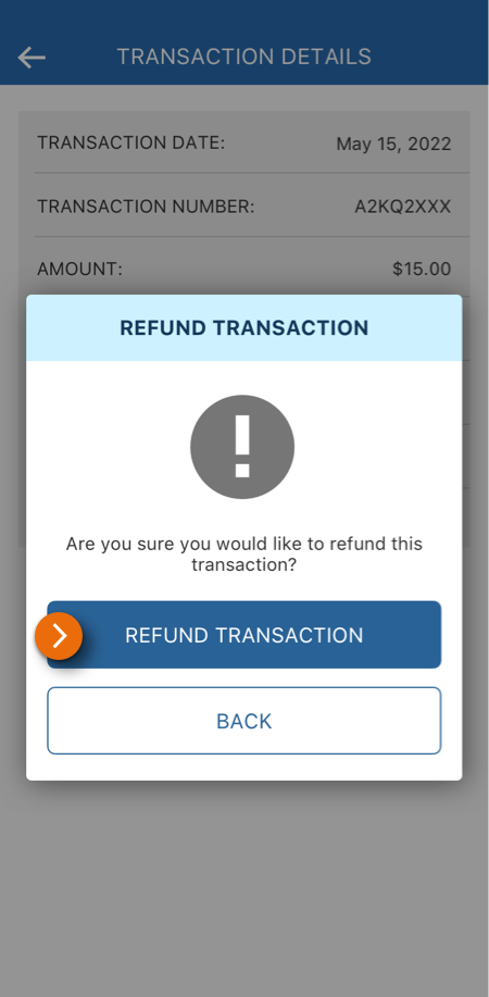 Image of the Refund Transaction view in the PNC Mobile App with the pop-up modal to refund a transaction displayed. ​