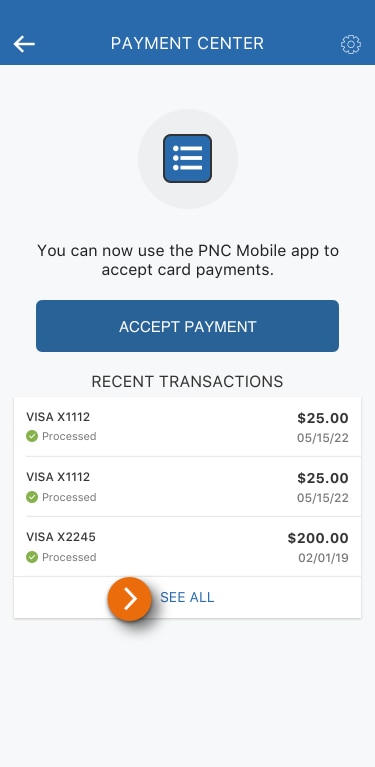 Image of the Payments Center view in the PNC Mobile App. ​