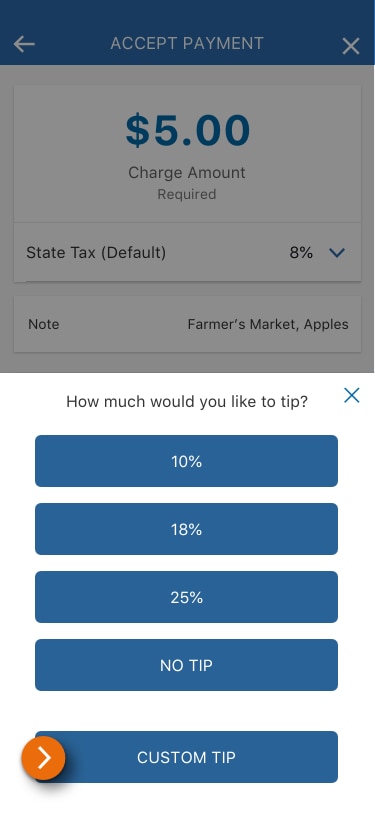Image of the Accept Payment view in the PNC Mobile App with tip percentage fields, 10%, 18%, 25%, No Tips, Custom Tip​