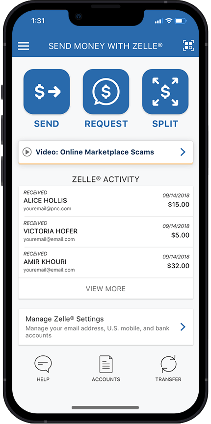 Phone displaying a screen that reads "Send Money with Zelle" and displays menu options. 